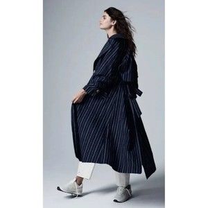Free People Melia Mac Navy White Stripe Preppy Long Oversized Trench Coat Sz M